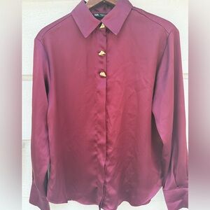 ZARA Deep Purple satin blouse with gold buttons